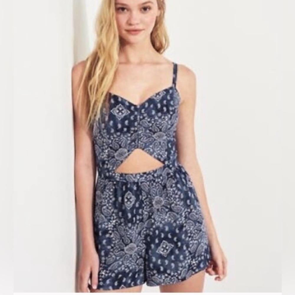Hollister Blue and White Paisley Print Romper with Cut Out Detail